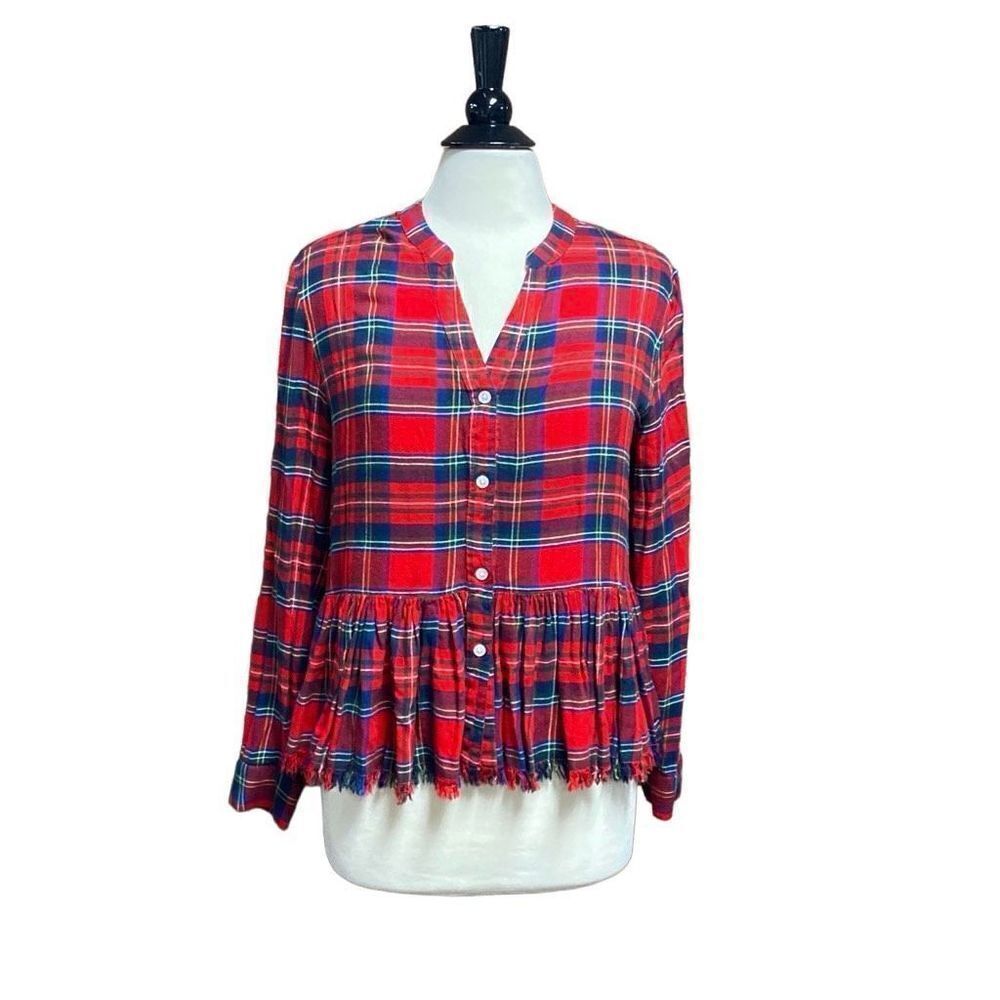 Mudpie Red Plaid Button Front Ruffle Bottom Top S… - image 1